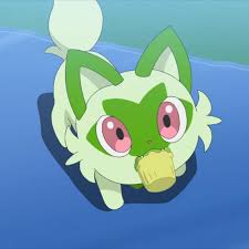 Sprigatito eating a green tea flavored muffin.